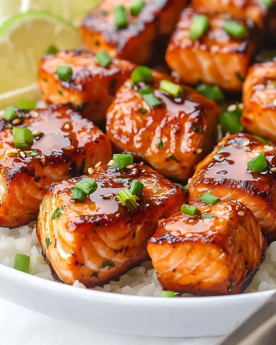 Honey garlic salmon bites served on a platter.