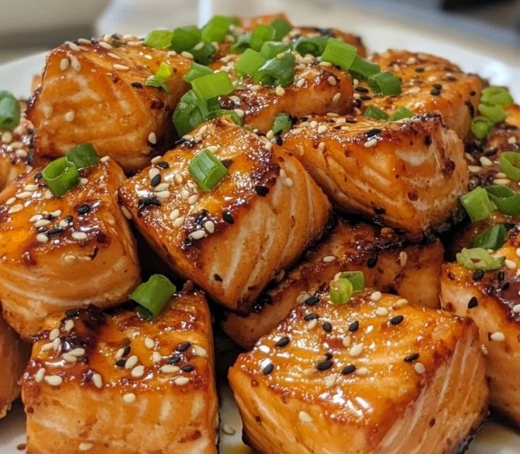 Honey garlic salmon bites served on a plate, garnished with green onions.