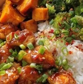 Hot Honey Chicken Bowls with caramelized sweet potatoes and broccoli