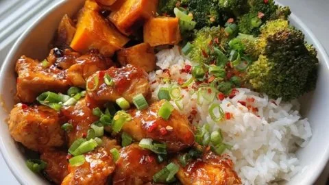 Hot Honey Chicken Bowls with Caramelized Sweet Potatoes and Broccoli