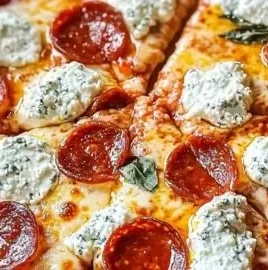 Hot Honey Pepperoni Ricotta Pizza topped with spicy pepperoni and creamy cheese