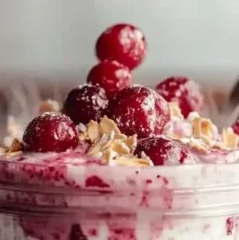 Delicious cherry pie overnight oats in a bowl topped with fresh cherries