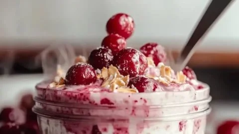 Delicious cherry pie overnight oats in a bowl topped with fresh cherries