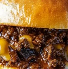 Philly Cheesesteak Sloppy Joes topped with melted cheese and peppers