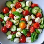 Juicy Cucumber Caprese Salad with fresh ingredients served on a plate.