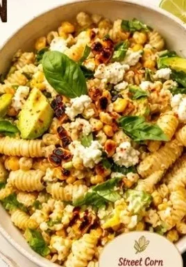 Colorful bowl of juicy street corn pasta salad with fresh ingredients