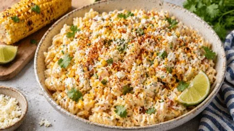 Bowl of Mexican Street Corn Pasta Salad with colorful ingredients.