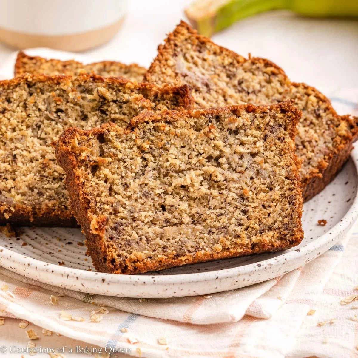Moist oat flour banana bread made with Greek yogurt
