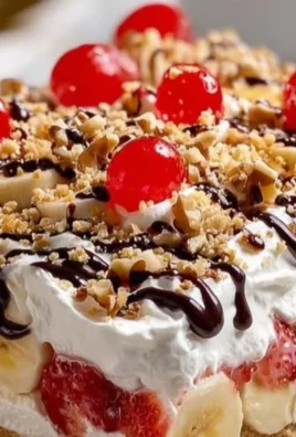 No Bake Banana Split Delight dessert with layers of bananas, cream, and toppings.