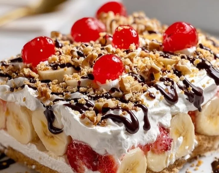 No Bake Banana Split Delight dessert with layers of bananas, cream, and toppings.