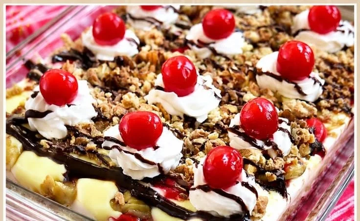 No Bake Banana Split Dessert with layers of bananas, ice cream, and whipped cream