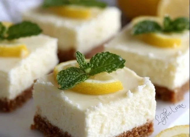 No-bake lemon cheesecake bars with a zesty lemon topping on a graham cracker crust.