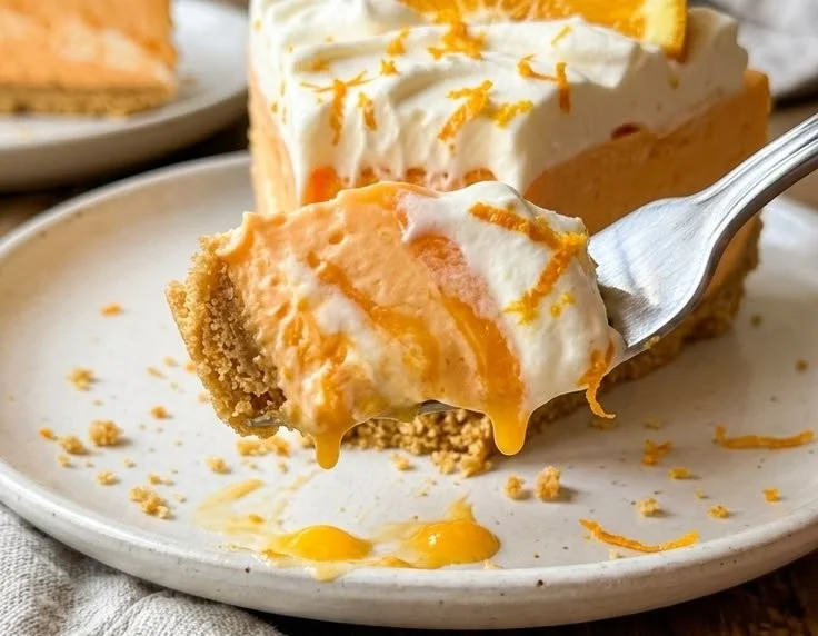 No-Bake Orange Cheesecake with a creamy orange topping on a graham cracker crust.