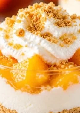 No-bake peach dessert cups garnished with fresh peaches and cream.