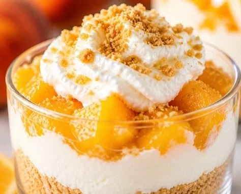 No-bake peach dessert cups garnished with fresh peaches and cream.