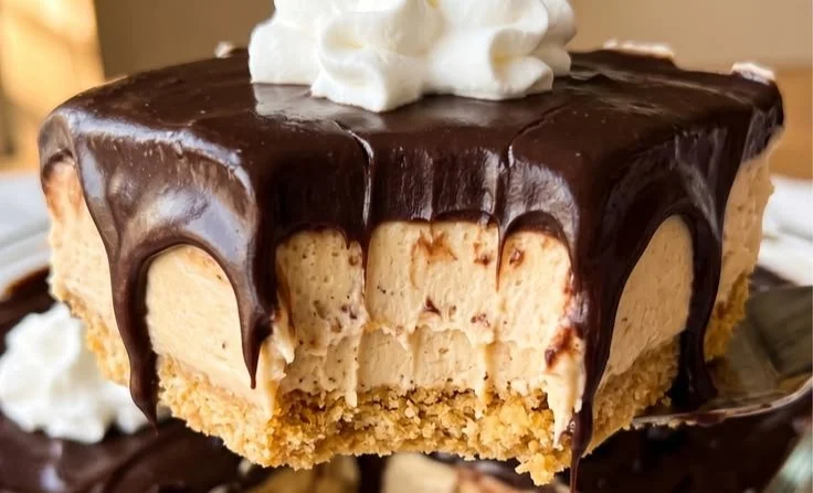 Delicious no-bake peanut butter chocolate dessert topped with creamy chocolate ganache.