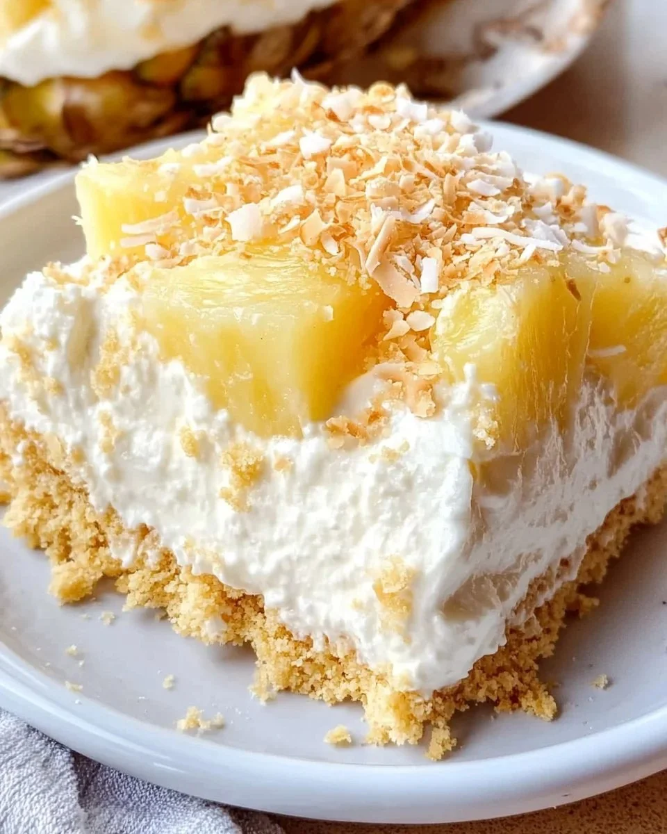 Delicious no-bake pineapple cream dessert served in a glass dish.