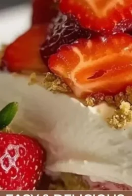 Delicious no-bake strawberry dessert topped with fresh strawberries and cream.