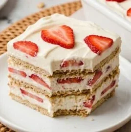 No-Bake Strawberry Icebox Cake with fresh strawberries and whipped cream