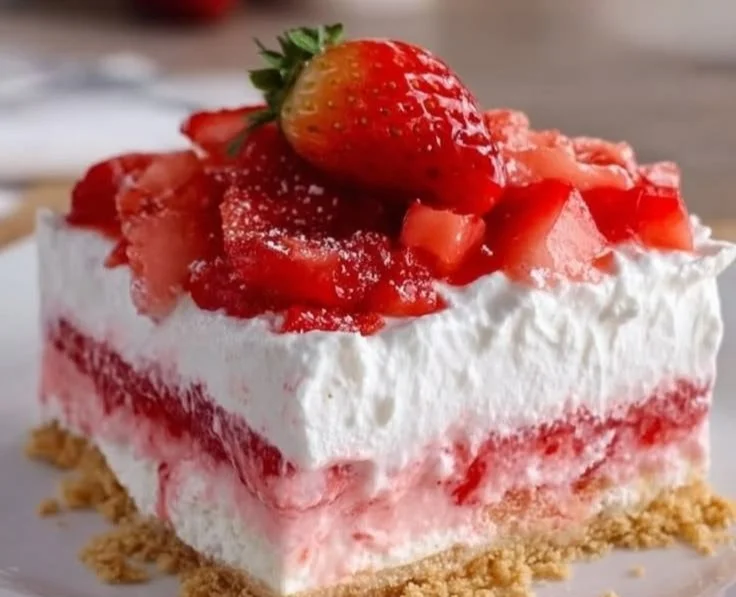 Delicious no bake strawberry lasagna dessert layered with cream and fresh strawberries