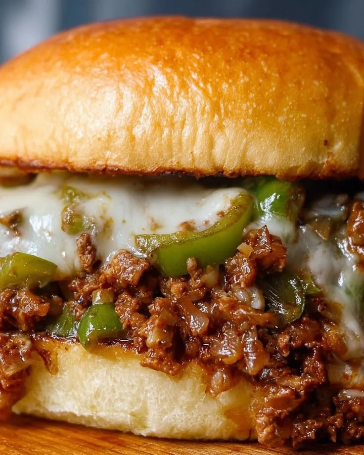 Plate of Philly Cheesesteak Sloppy Joes topped with melted cheese and peppers