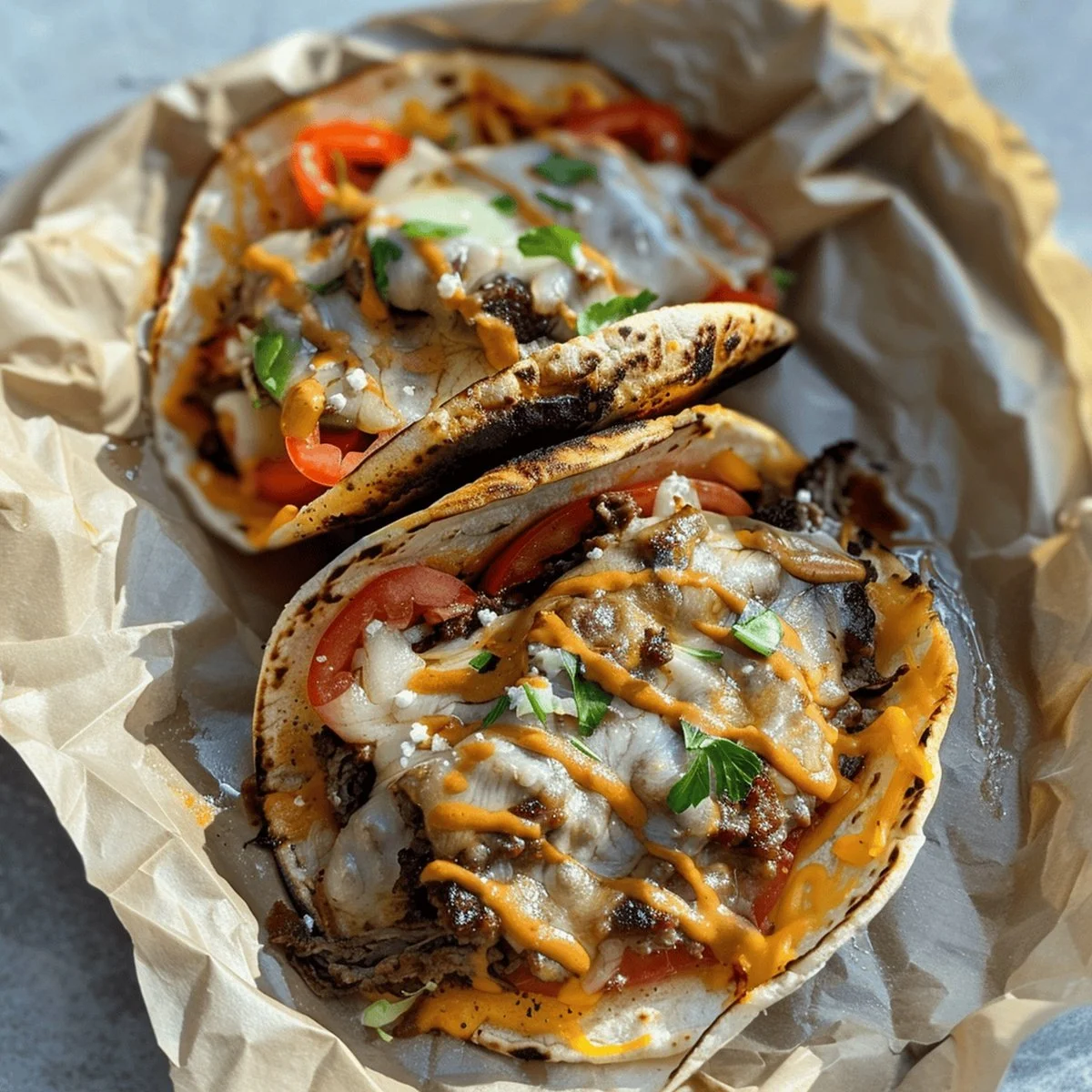 Philly cheesesteak smash burger tacos served on a plate