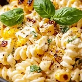 Delicious creamy street corn pasta salad served in a bowl with fresh herbs.