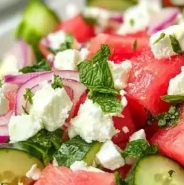 Refreshing watermelon cucumber salad served in a bowl with mint leaves.
