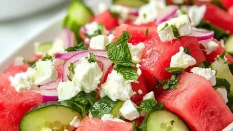 Refreshing watermelon cucumber salad served in a bowl with mint leaves.