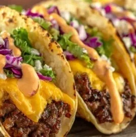 Delicious smash burger tacos served with fresh toppings and sauces.