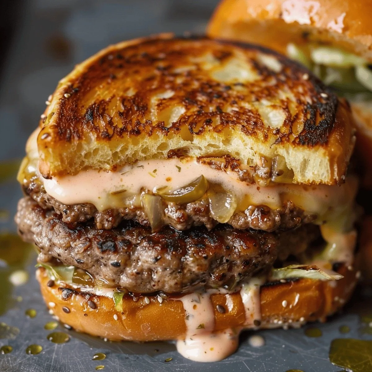 Delicious smashed patty burger topped with secret sauce on a plate