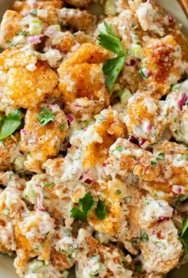 Smashed tater tot potato salad served in a bowl with fresh herbs