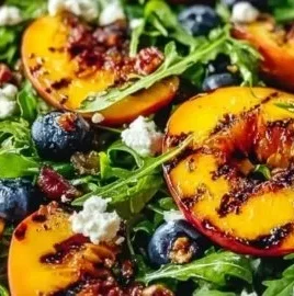 Delicious summer grilled peach salad with burrata and balsamic glaze