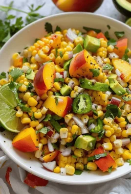 Delicious sweet corn and peach salad in a bowl with fresh ingredients.