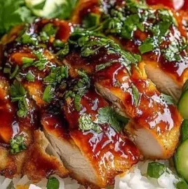 Sweet and spicy hot honey chicken bowl topped with vegetables