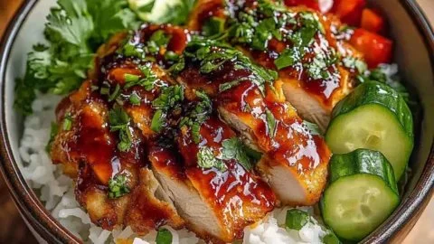 Sweet and spicy hot honey chicken bowl topped with vegetables