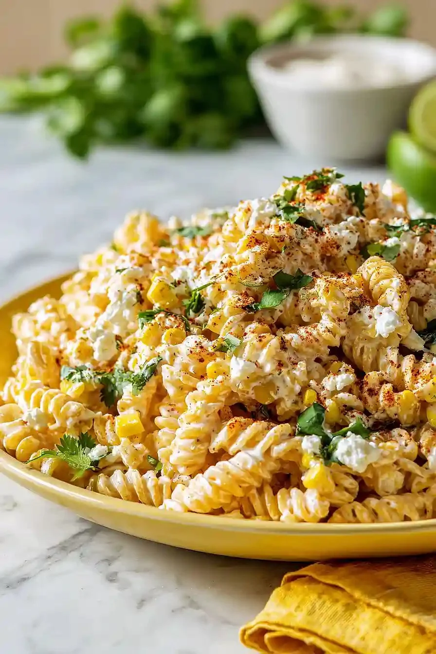 Delicious elote pasta salad with Greek yogurt and fresh ingredients