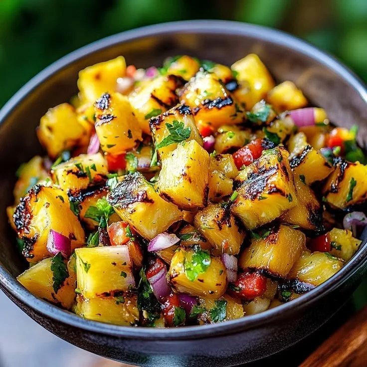 Bowl of Tropical Pineapple Salsa with fresh ingredients and colorful toppings