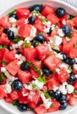 Colorful Watermelon Feta Salad with fresh mint and feta cheese