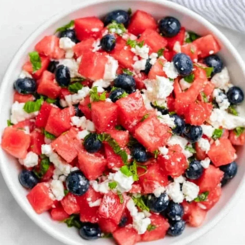 Colorful Watermelon Feta Salad with fresh mint and feta cheese