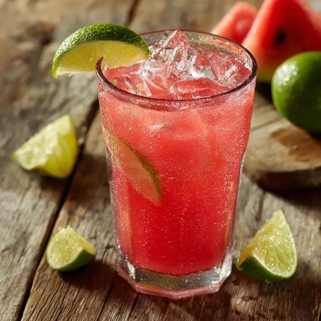 Refreshing Watermelon Limeade served in a glass with lime slices