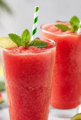 Refreshing watermelon slushie in a glass with mint leaves, perfect summer drink.