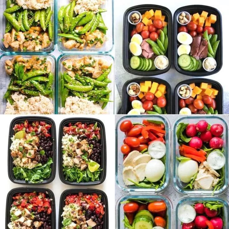 High protein meal prep lunches featuring varied ingredients and recipes