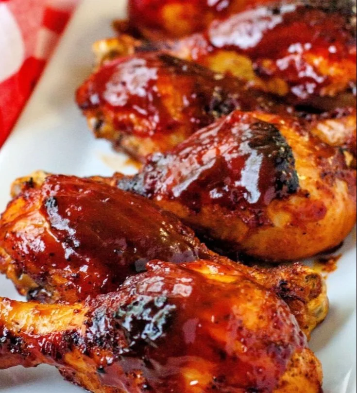 Baked BBQ chicken drumsticks served on a plate with a side of dipping sauce.