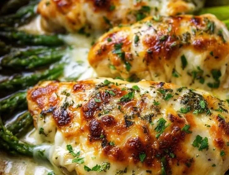 Baked chicken and asparagus on a plate for a healthy dinner