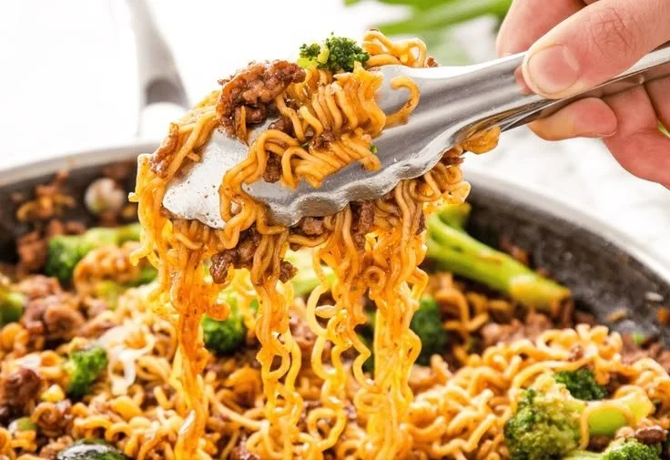 Delicious bowl of Beef and Broccoli Ramen with vegetables and noodles
