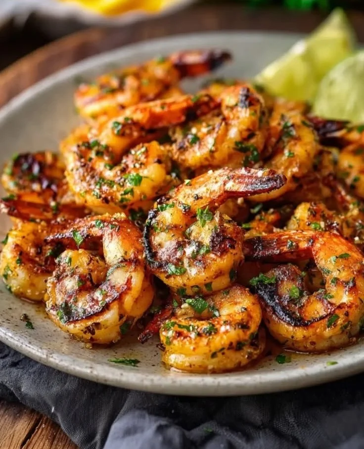 Delicious marinated grilled shrimp on a barbecue grill