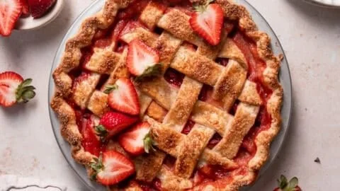 Delicious brown butter strawberry peach pie with juicy fruit filling