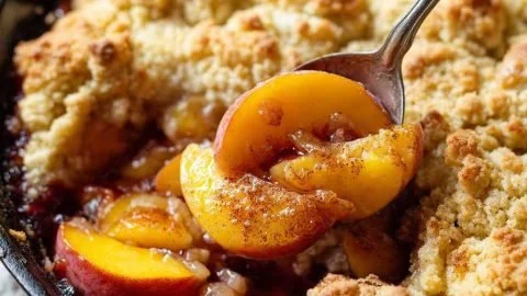 Delicious cast iron peach cobbler baked to perfection