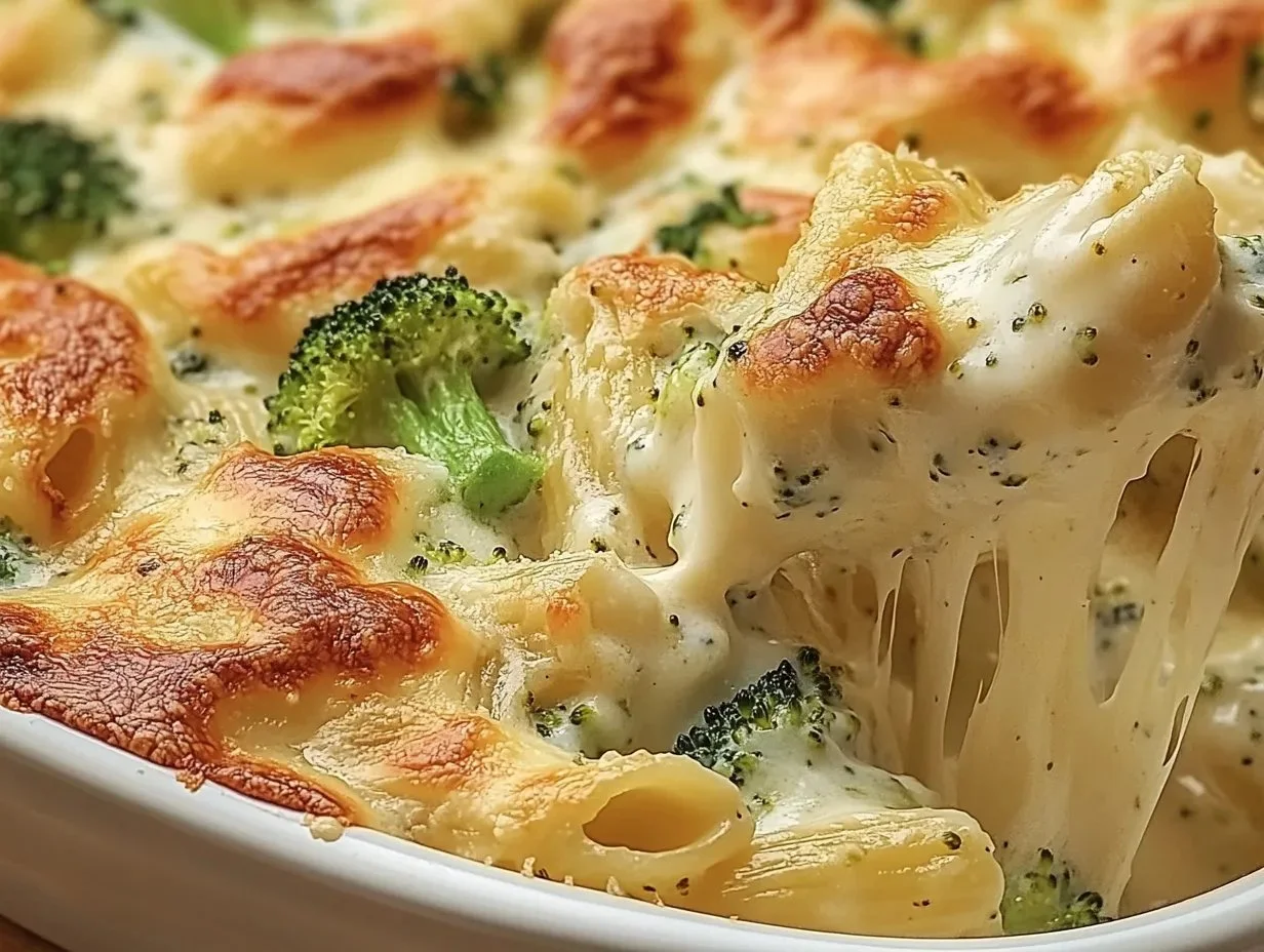Delicious Chicken and Broccoli Baked Alfredo served in a dish